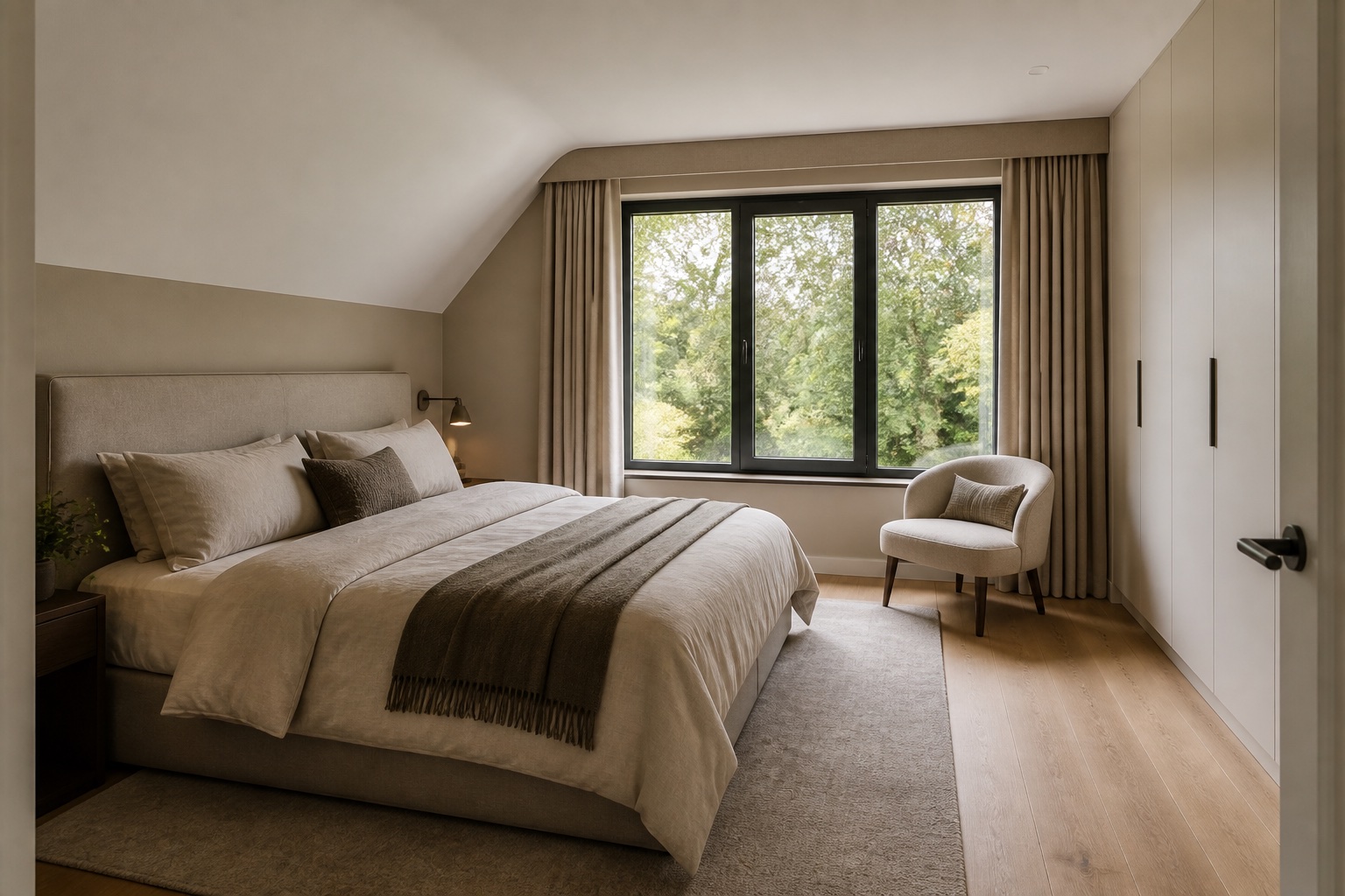 Rustige hoofdslaapkamer met uitzicht op het groen