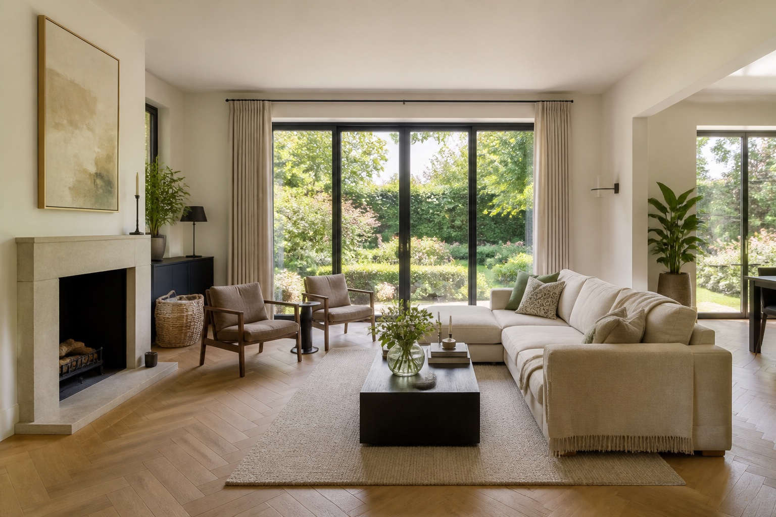 Lichte woonkamer met eikenhouten vloer en uitzicht op de tuin